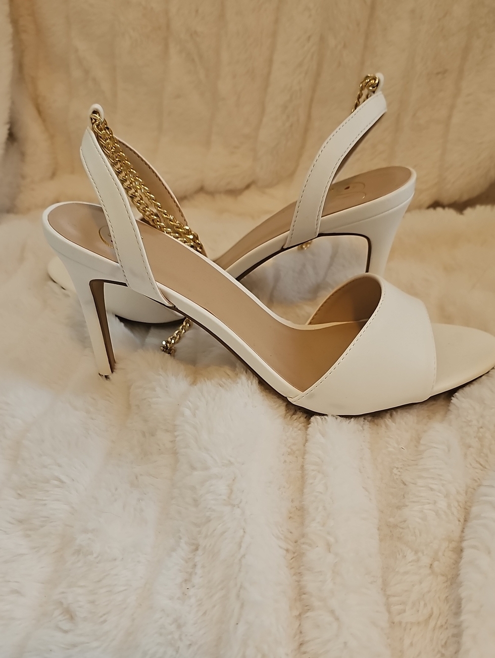Delicious White Slingback Heels with Gold Chain